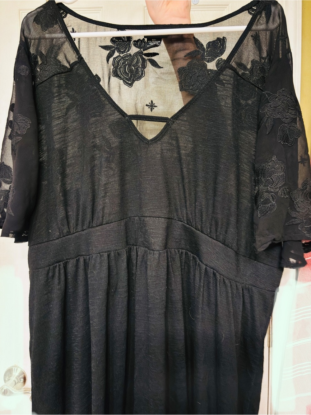 Black Floral Embroidered Sheer V-Neck Shirt